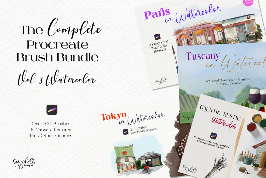 The Complete Procreate Brush Bundle Vol 3 - Watercolor - Sofydoll Designs